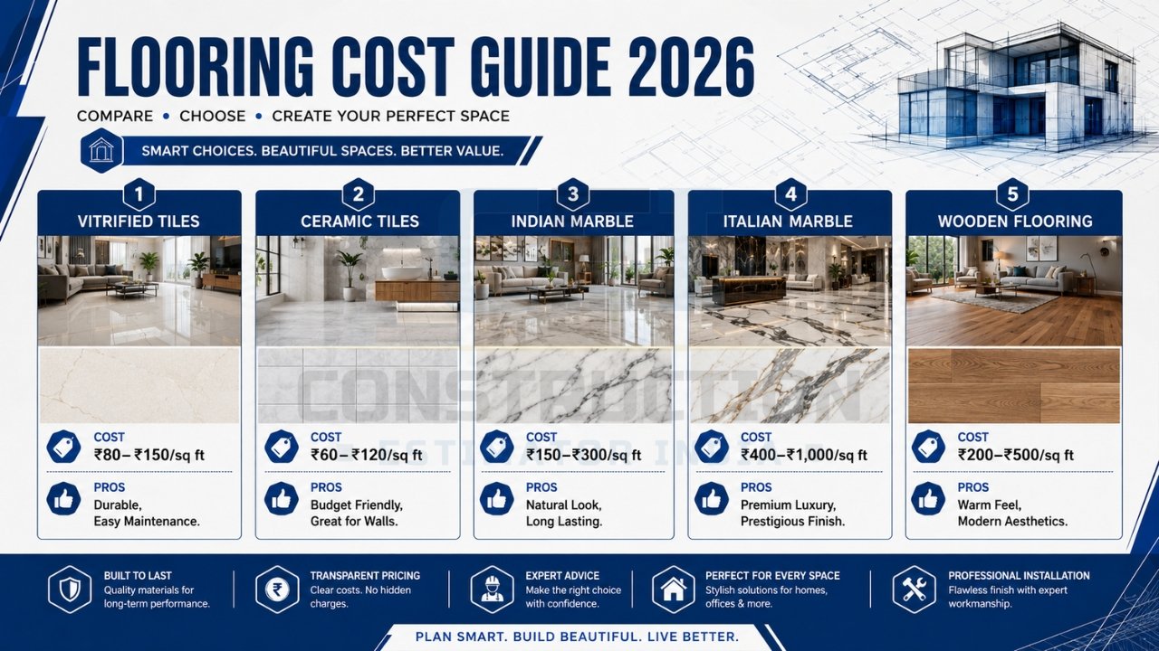 Flooring cost guide 2026 infographic comparing vitrified tiles, ceramic tiles, marble, and wooden flooring options.