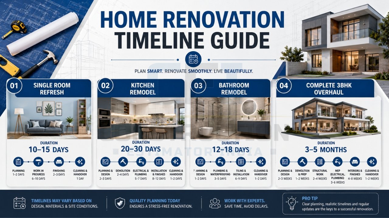 Home renovation timeline guide infographic showing project durations for room refresh, kitchen remodel, bathroom remodel, and complete 3BHK renovation.