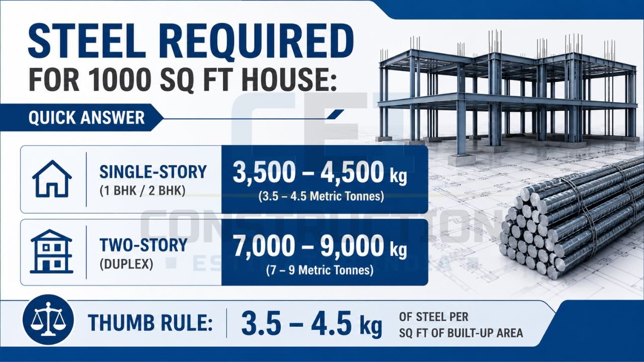 Infographic showing estimated steel requirements for single-story and two-story 1000 sq ft houses.