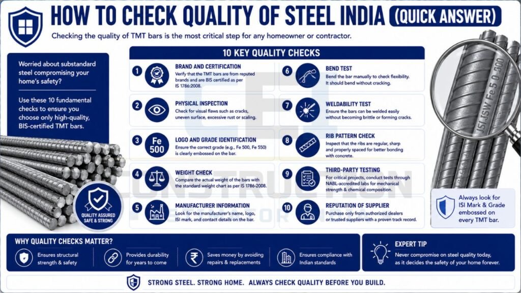 Quick guide infographic listing the top 10 quality checks for TMT bars, including certifications, bend tests, rib inspection, weight verification, and supplier reputation.