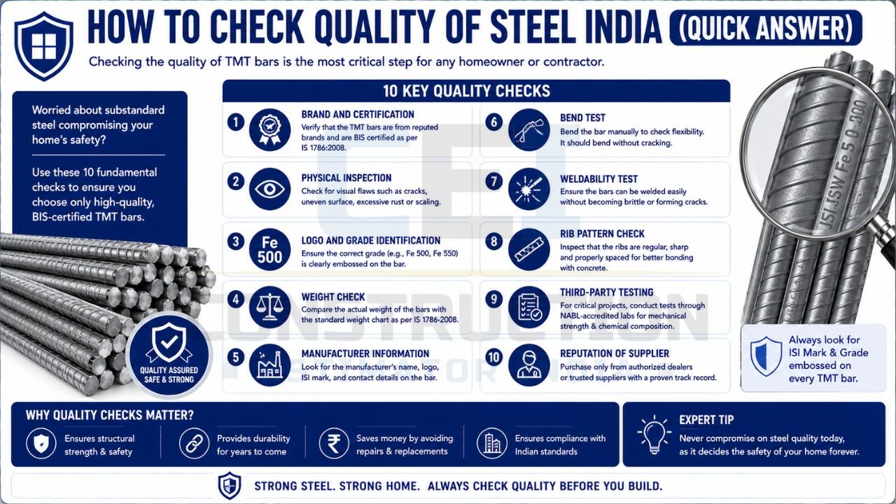 Quick guide infographic listing the top 10 quality checks for TMT bars, including certifications, bend tests, rib inspection, weight verification, and supplier reputation.