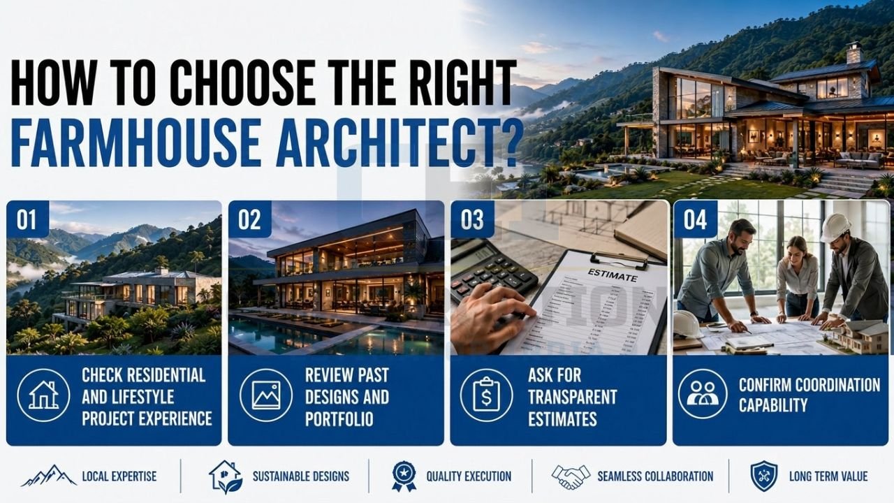 Guide for selecting a farmhouse architect based on project experience, portfolio review, transparent estimates, and coordination capabilities.