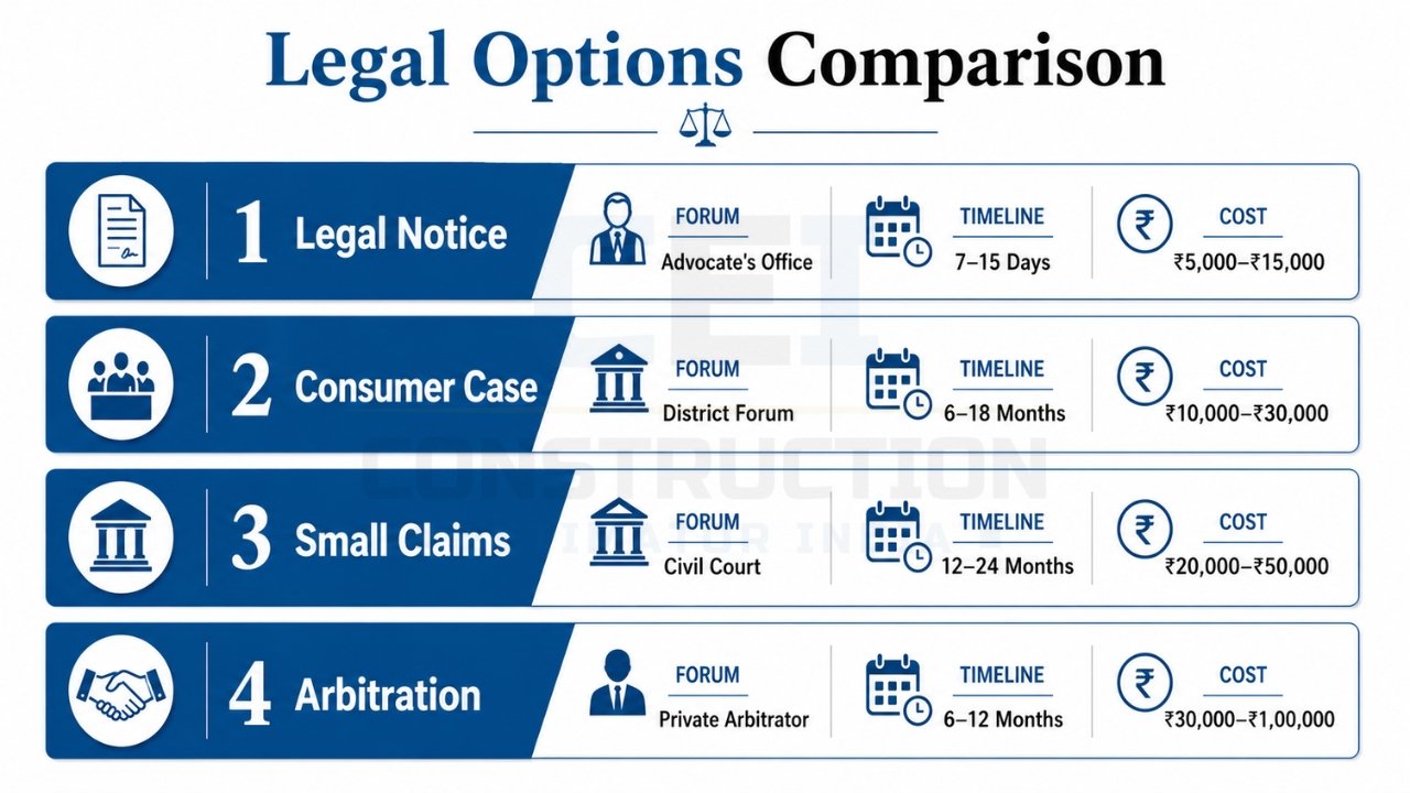 Legal options comparison for construction disputes including legal notice, consumer case, arbitration, and civil court claims