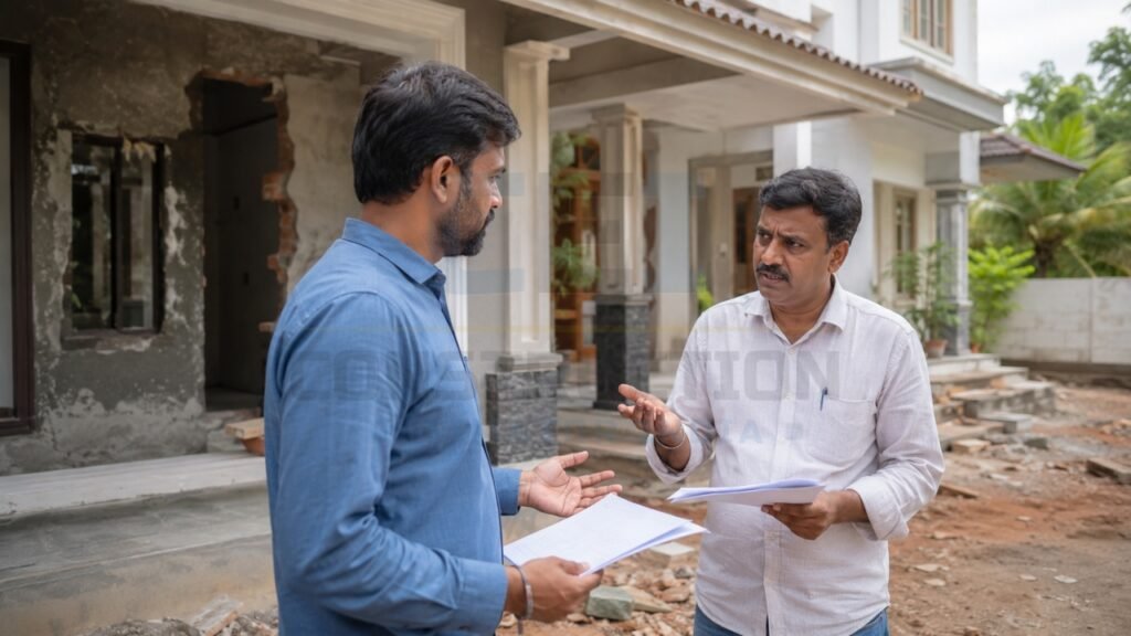 Civil engineer discussing construction progress and project plans with a homeowner at a residential building site