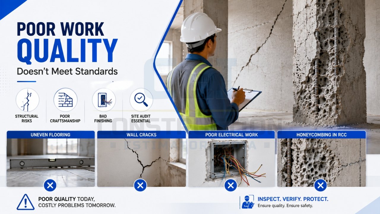 Poor construction quality issues including wall cracks, uneven flooring, faulty electrical work, and RCC honeycombing