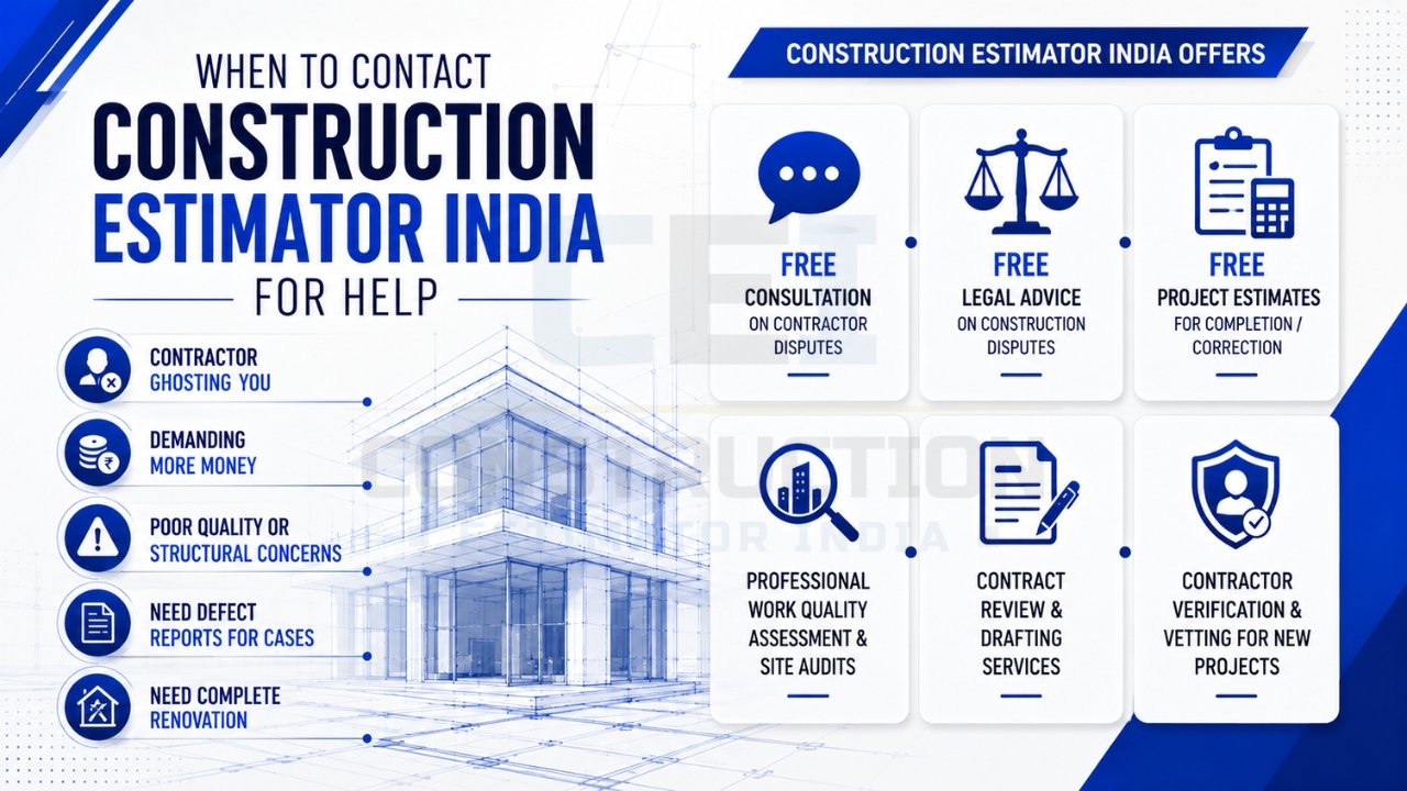 When to contact Construction Estimator India for contractor disputes, quality issues, legal support, and project assessments
