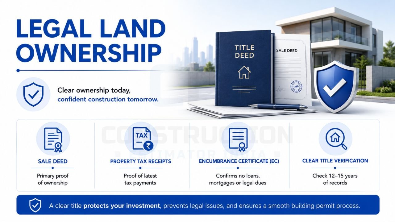 Legal land ownership verification for home construction including sale deed, property tax receipts, encumbrance certificate, and title verification