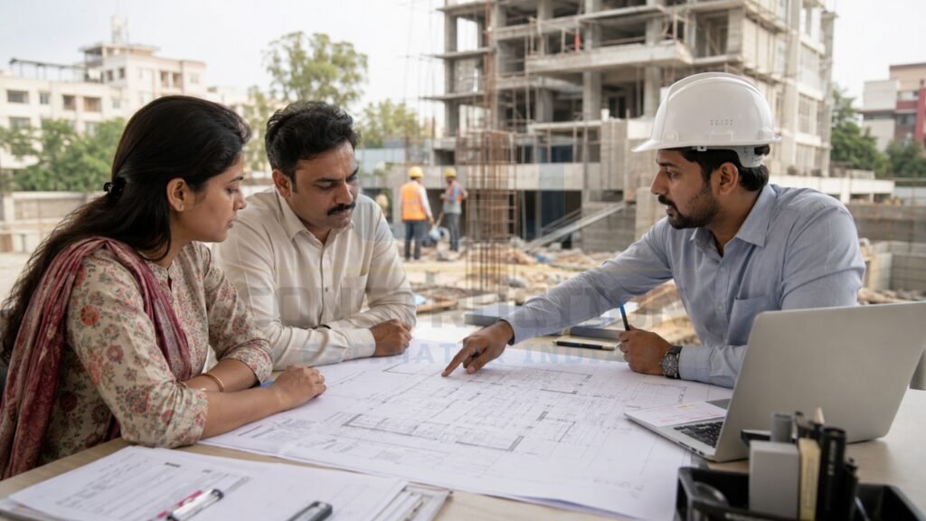 Construction engineer discussing house plans and project details with homeowners at a residential construction site