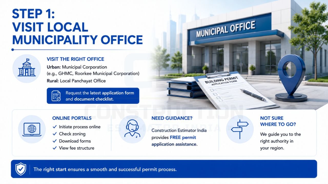 Visit local municipality office to apply for a building permit and obtain construction approval documents