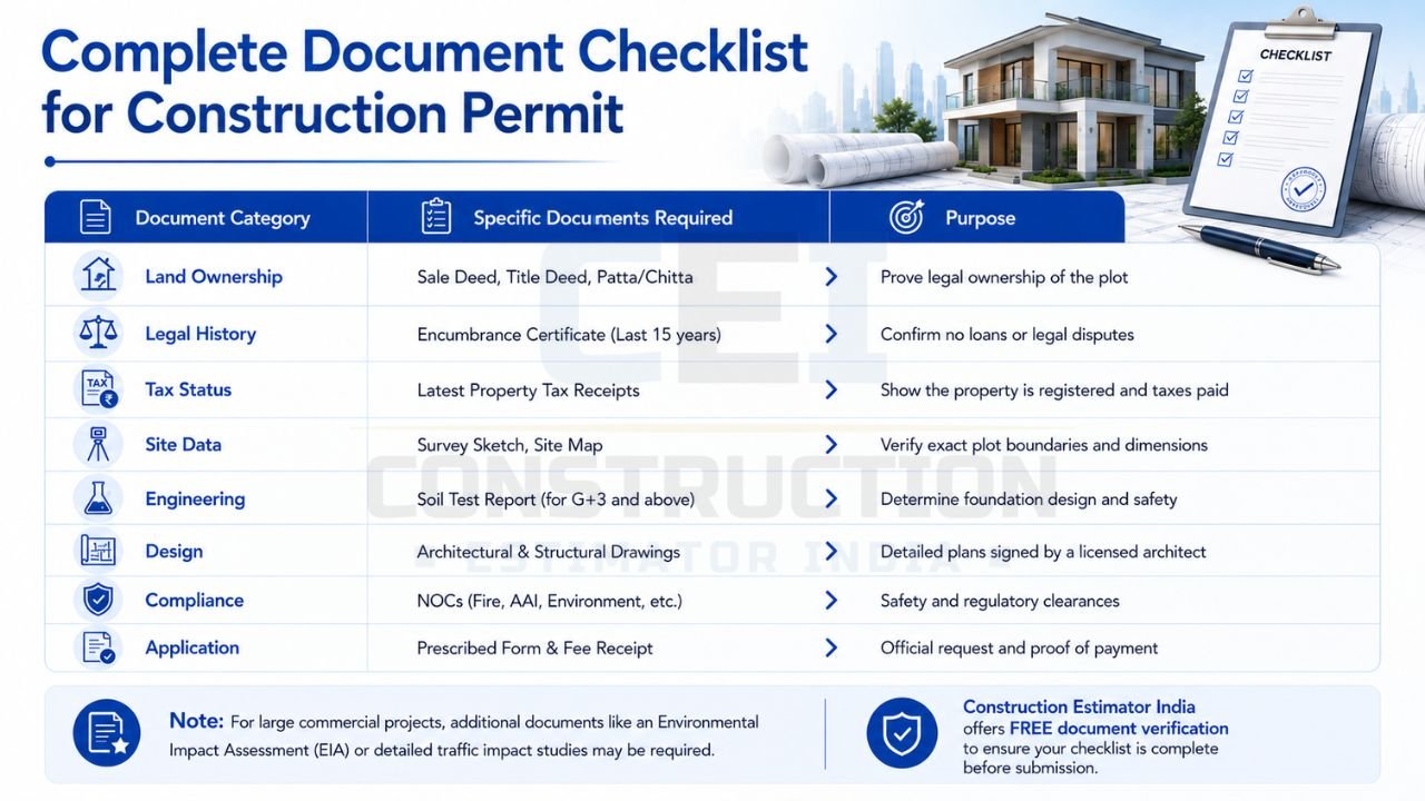Construction permit document checklist including land ownership records, encumbrance certificate, tax receipts, site survey, soil test report, drawings, and NOCs