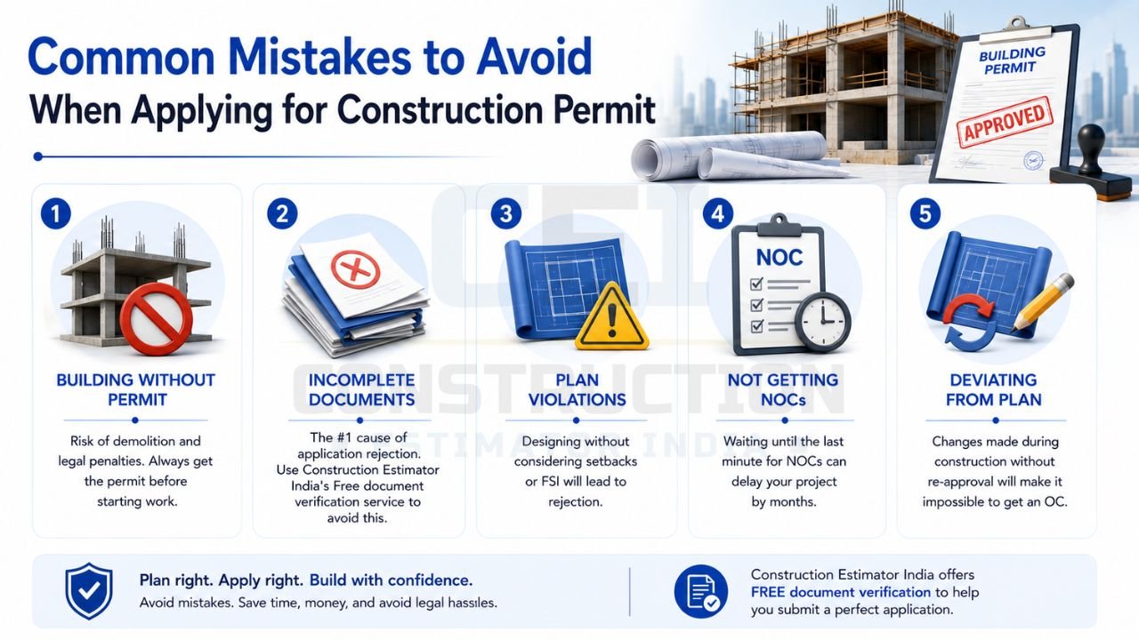 Common construction permit application mistakes including building without approval, incomplete documents, plan violations, missing NOCs, and unauthorized plan changes