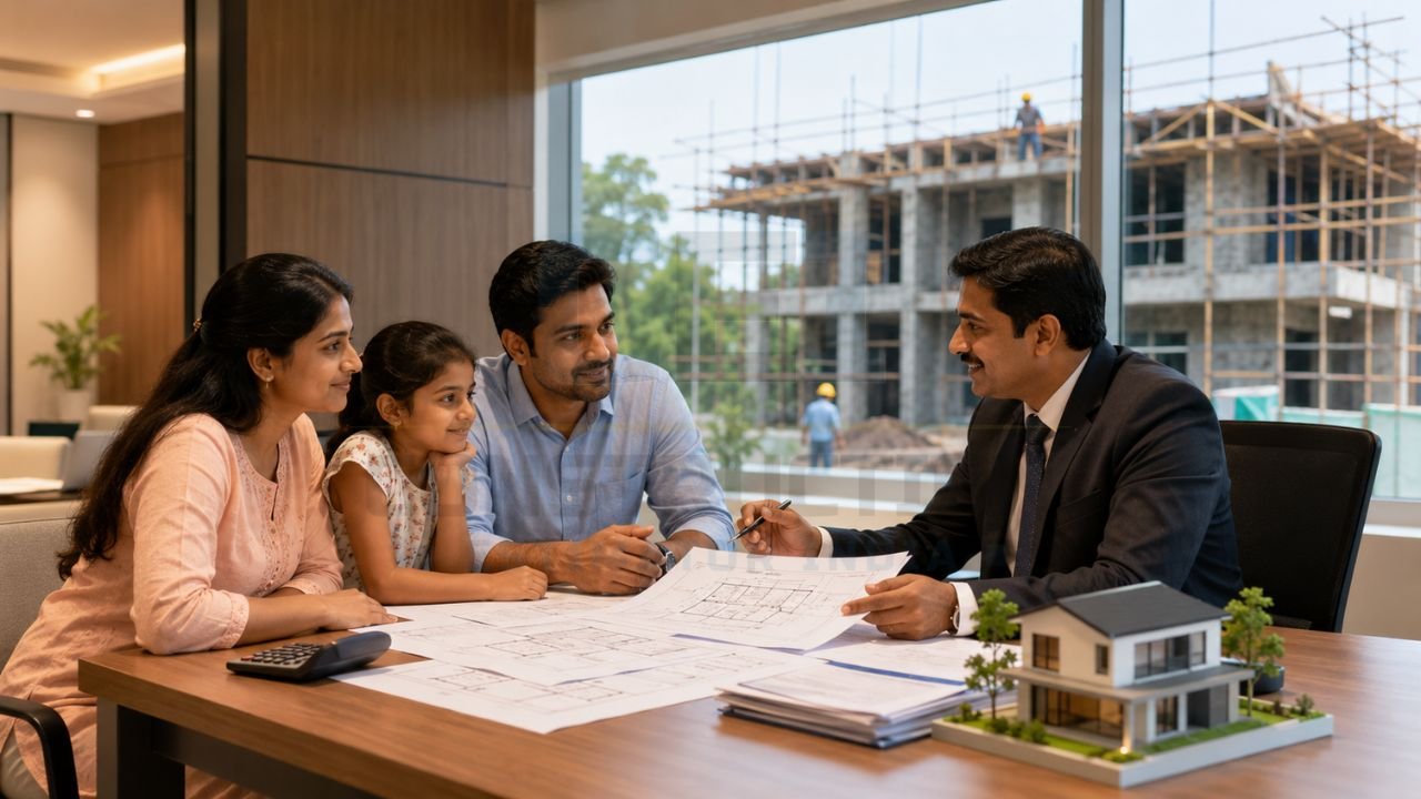 Family consulting a construction expert to review house plans, construction drawings, and home design before starting a residential building project