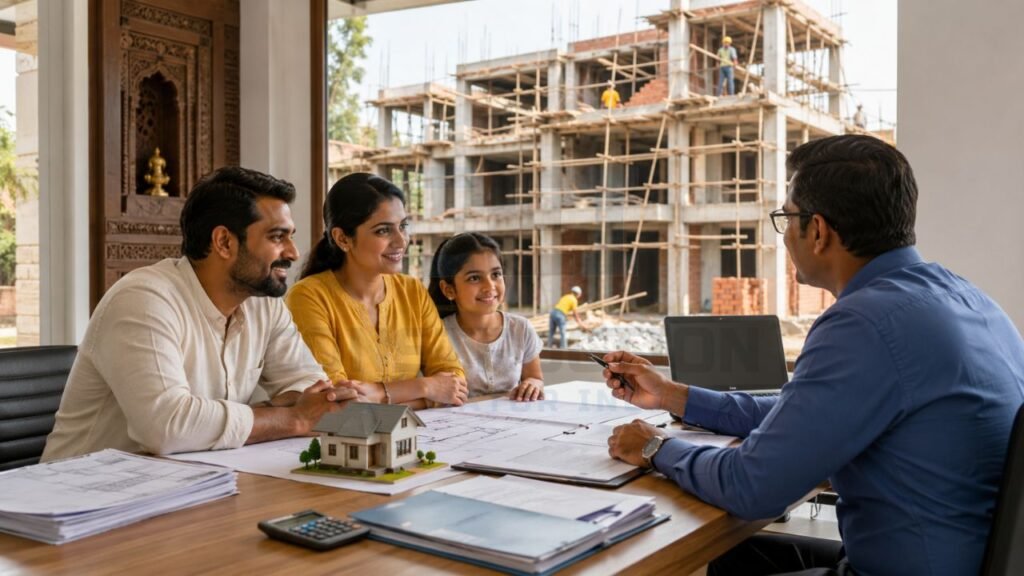 Family discussing house construction plans with a construction consultant while reviewing home design and project estimates