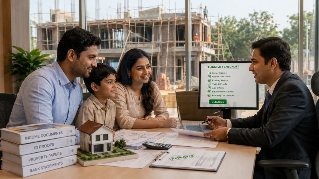 Family discussing home loan eligibility and house construction financing with a financial advisor before starting a residential building project