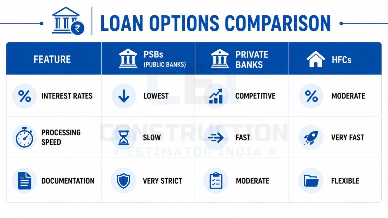 Home loan options comparison showing public sector banks, private banks, and housing finance companies based on interest rates, processing speed, and documentation