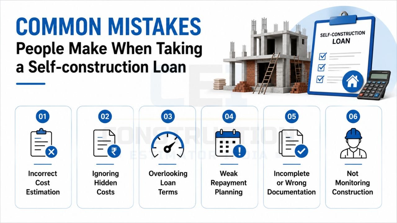 Common mistakes people make when taking a self-construction loan including incorrect cost estimation, hidden costs, loan terms, repayment planning, documentation, and construction monitoring
