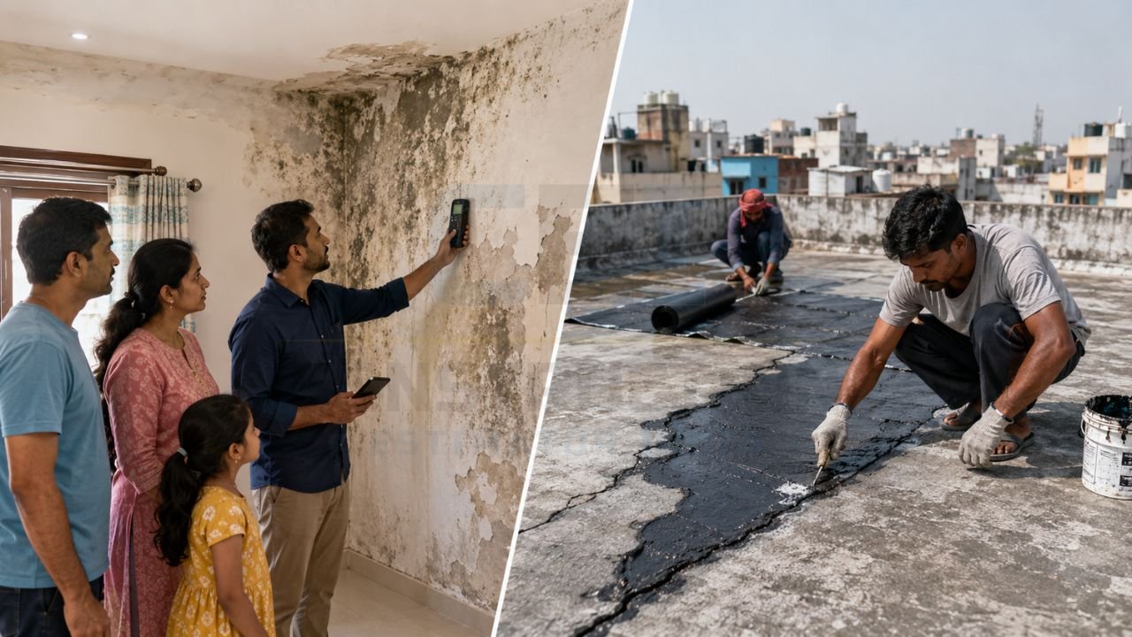 Roof waterproofing before and after comparison showing severe indoor wall seepage and terrace crack repair with waterproofing membrane installation
