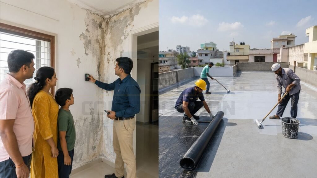 Roof waterproofing before and after comparison showing interior water seepage inspection and terrace waterproofing work to prevent roof leaks