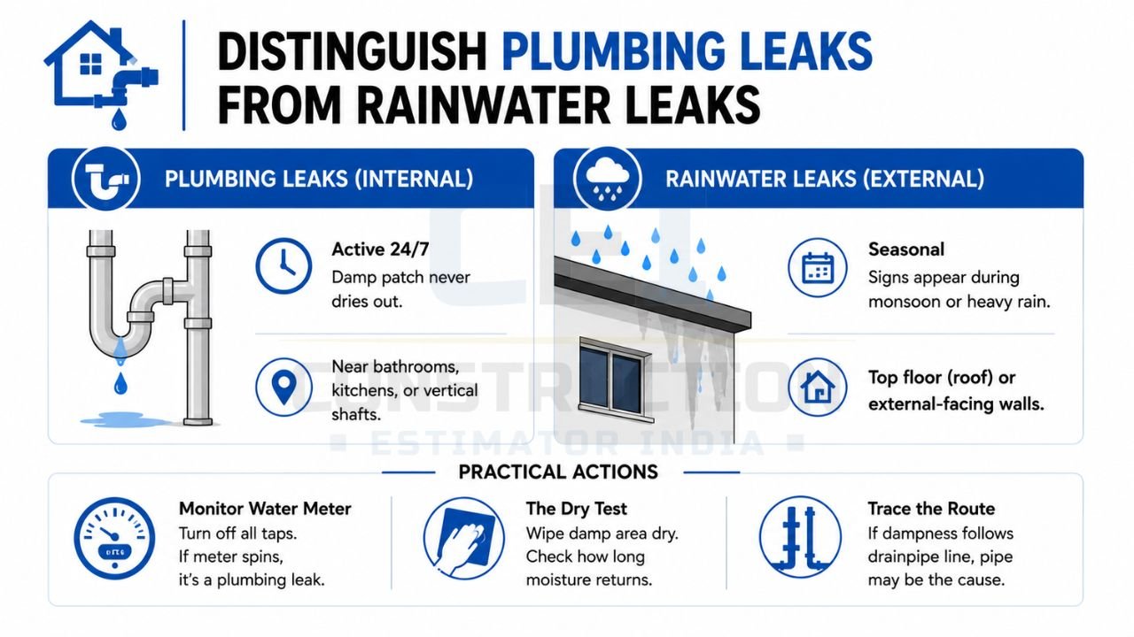 Distinguish plumbing leaks from rainwater leaks with signs, locations, and practical tests to identify the source of water seepage