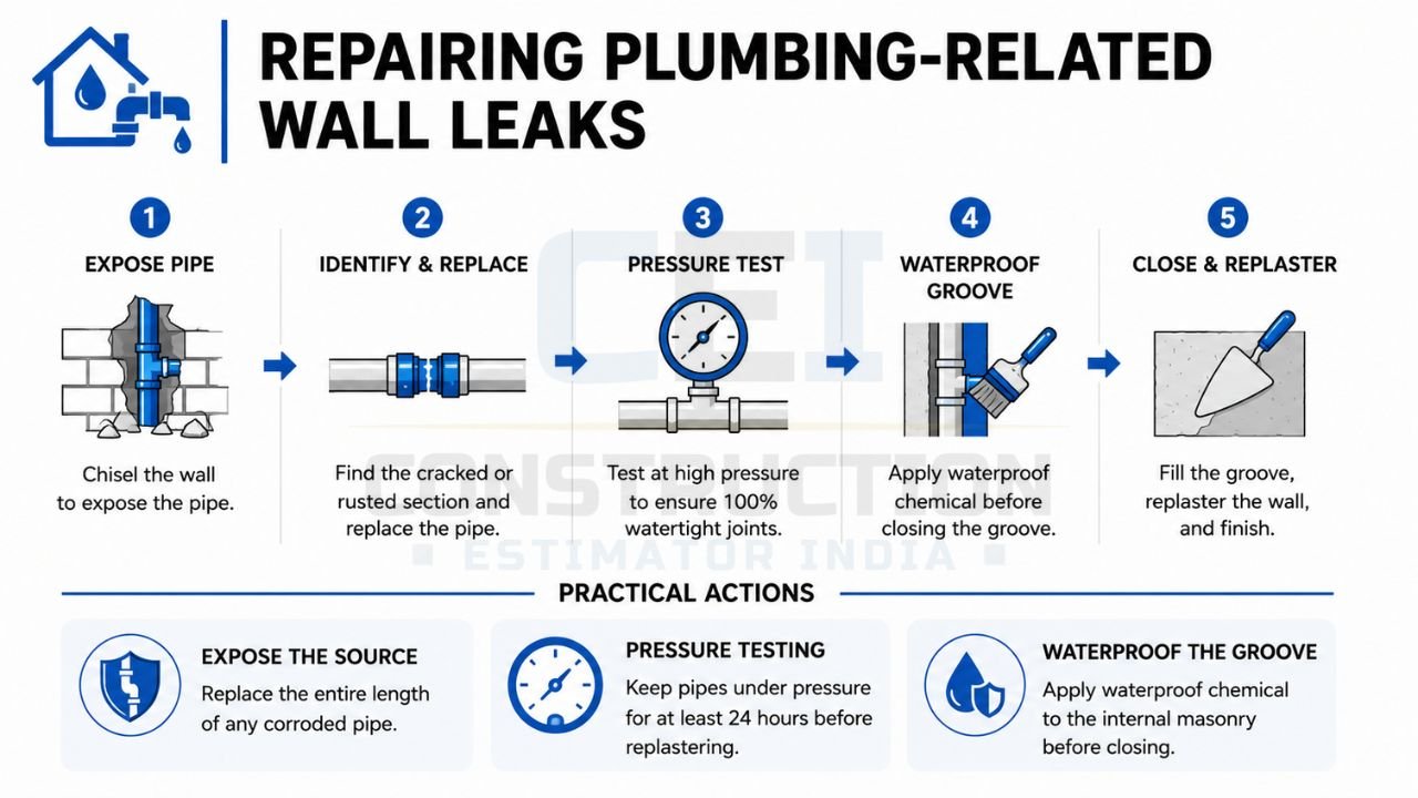 Repairing plumbing-related wall leaks with pipe replacement, pressure testing, waterproofing, and replastering steps to stop water seepage
