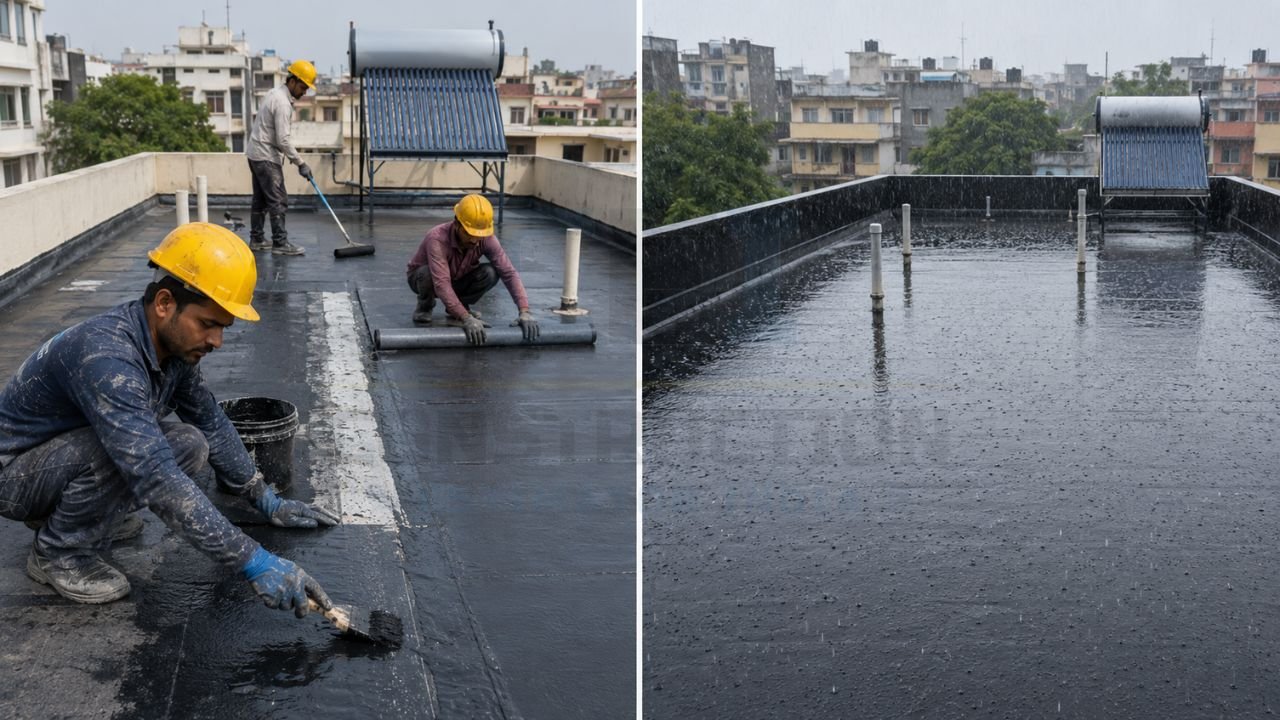 Terrace roof waterproofing before and after comparison showing APP membrane installation and leak-free performance during heavy rainfall