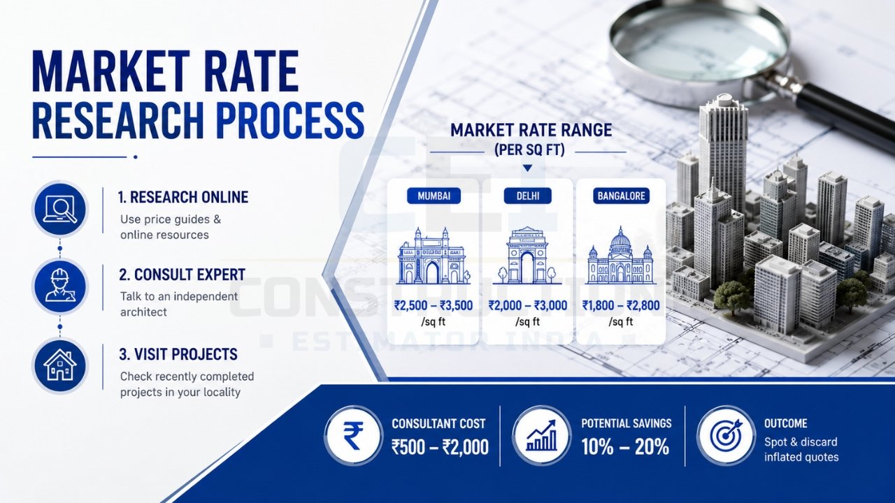 Market rate research process for home construction cost estimation and price comparison