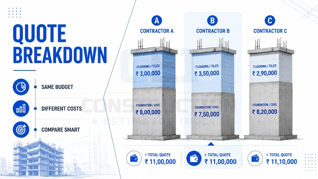 Construction quote breakdown comparison showing contractor cost analysis for flooring, foundation, and total project budget
