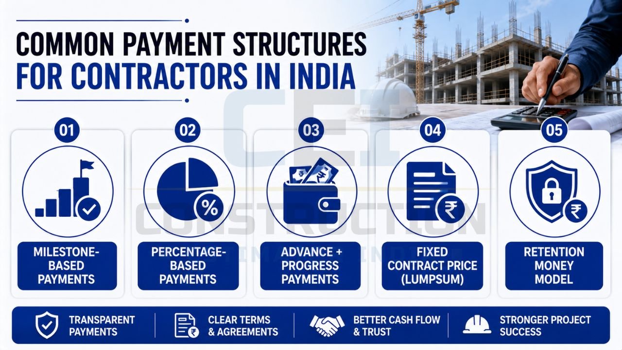 Construction payment structure infographic featuring milestone payments, percentage-based payments, lump-sum contracts, and retention money.