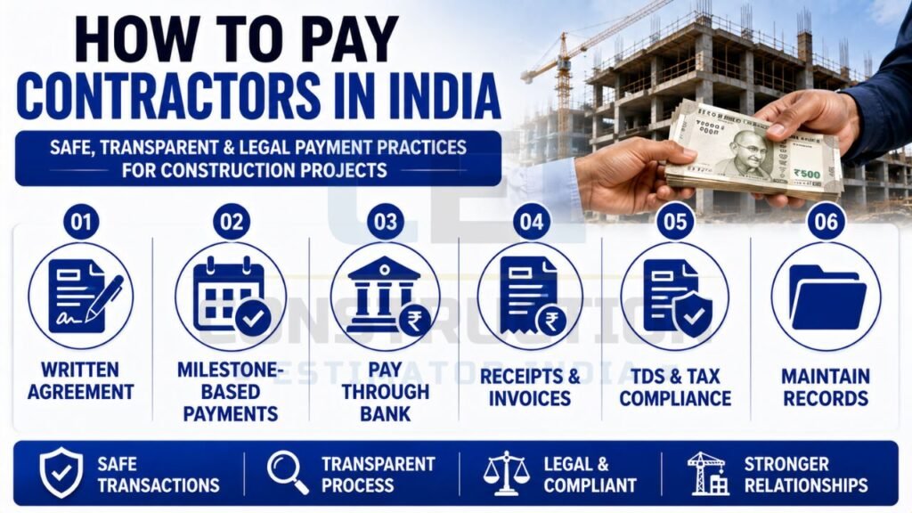 Construction payment infographic showing legal and transparent contractor payment methods in India.