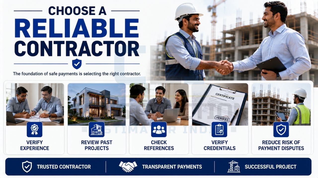 Contractor selection infographic showing experience verification, project reviews, reference checks, and credential validation.