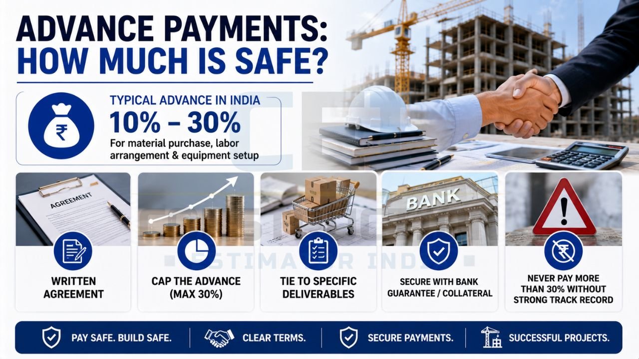 Construction payment infographic showing safe advance payment practices for contractors in India and risk management tips.