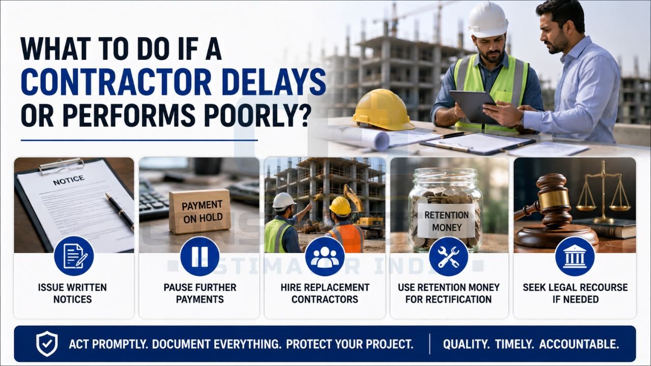 Construction project infographic explaining actions to take when a contractor delays work or delivers poor-quality construction.