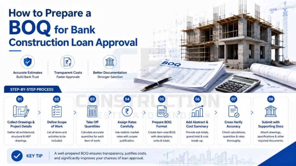 How to prepare a BOQ for bank construction loan approval with quantity estimation, cost calculation, rate analysis, and supporting documents