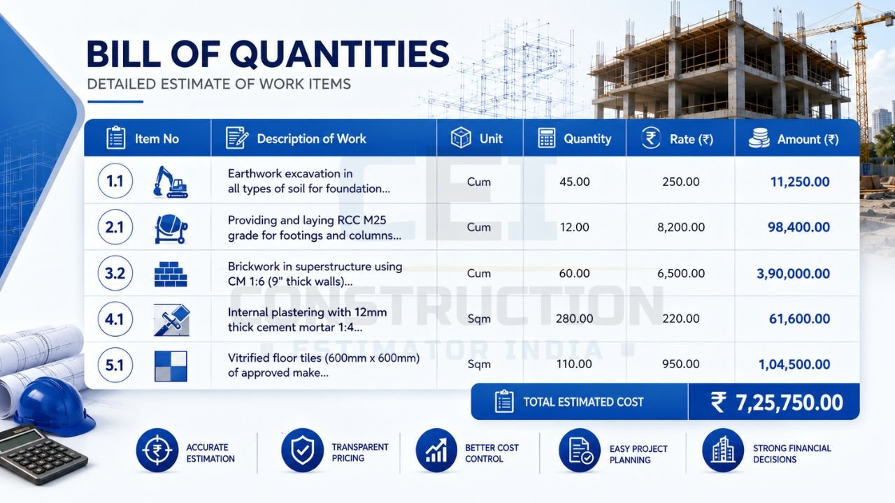 Bill of Quantities (BOQ) sample showing construction work items, quantities, rates, amounts, and total estimated project cost