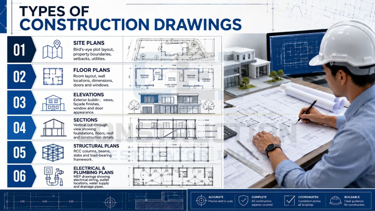 Infographic showing different types of construction drawings including site plans, floor plans, elevations, sections, structural plans, and electrical and plumbing plans.