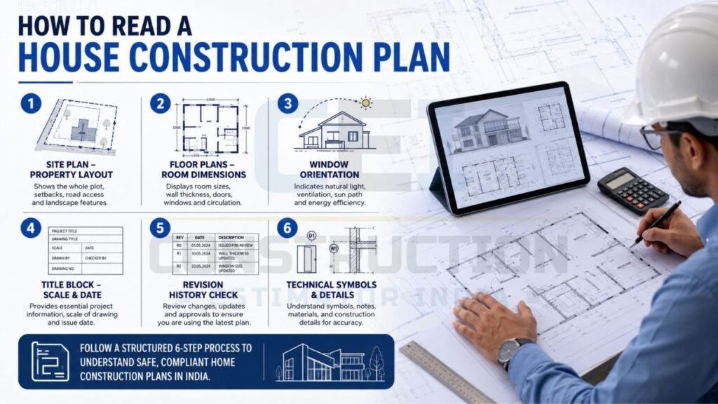 Step-by-step infographic explaining how to read a house construction plan, including site plans, floor layouts, window orientation, title blocks, revision history, and technical symbols.