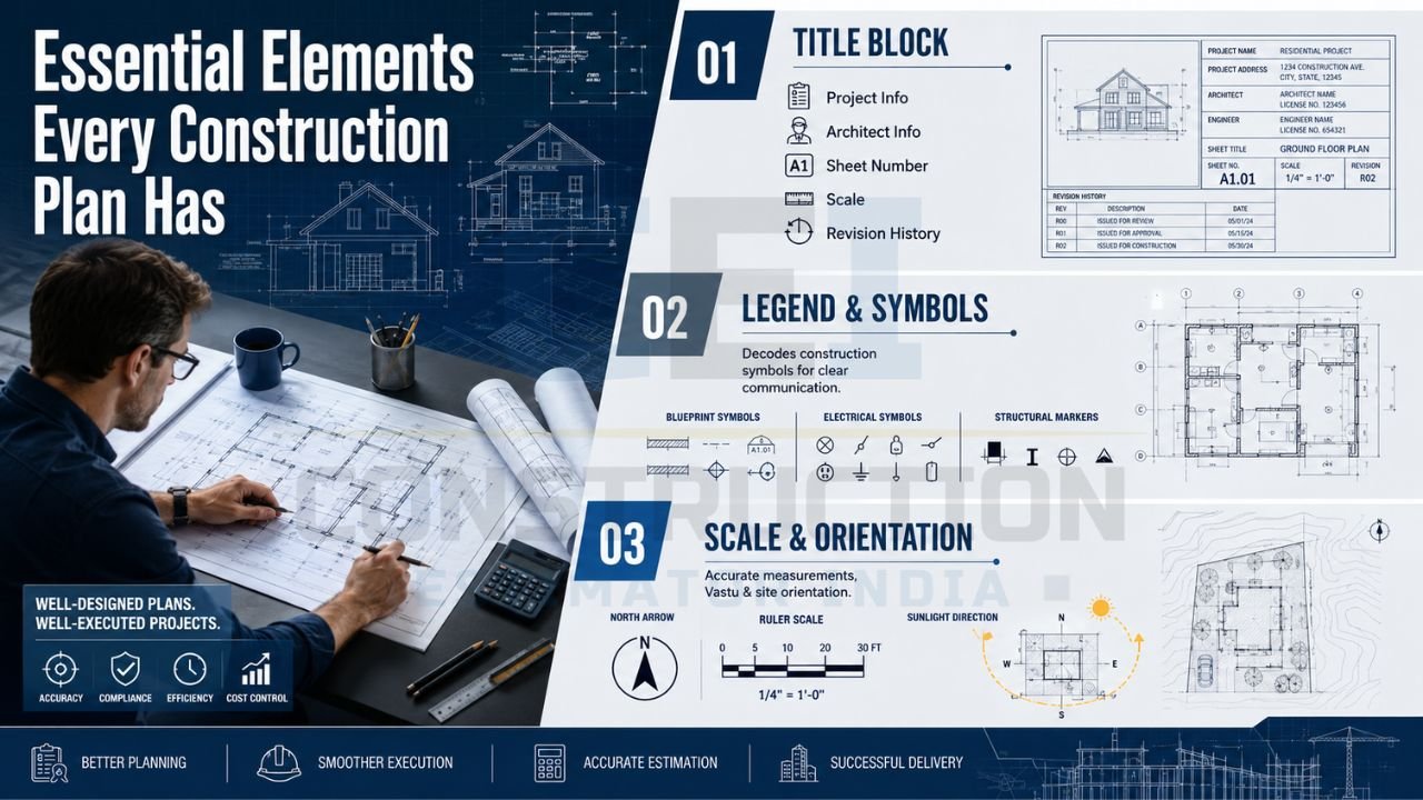 Infographic showing the essential elements of a construction plan, including title block, legends and symbols, scale information, orientation details, and project documentation.