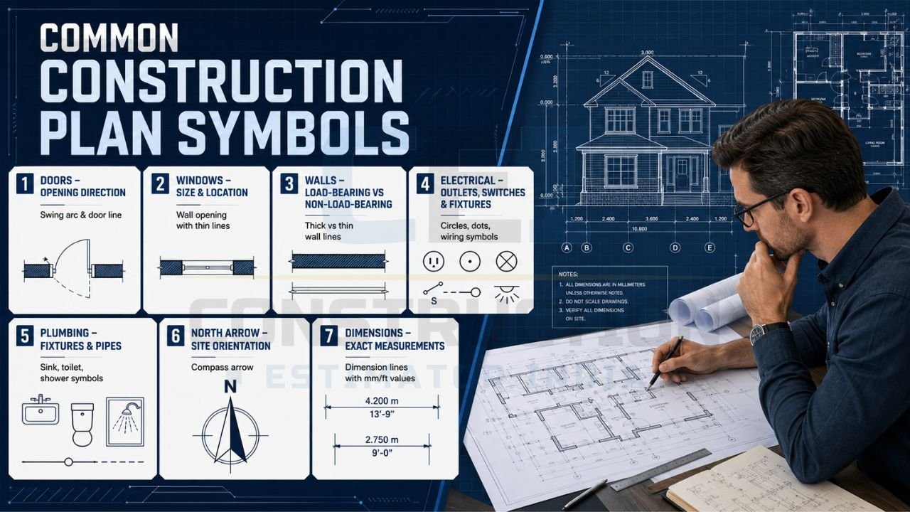 Infographic explaining common construction plan symbols including doors, windows, walls, electrical fixtures, plumbing fixtures, north arrow, and dimension lines used in building drawings.