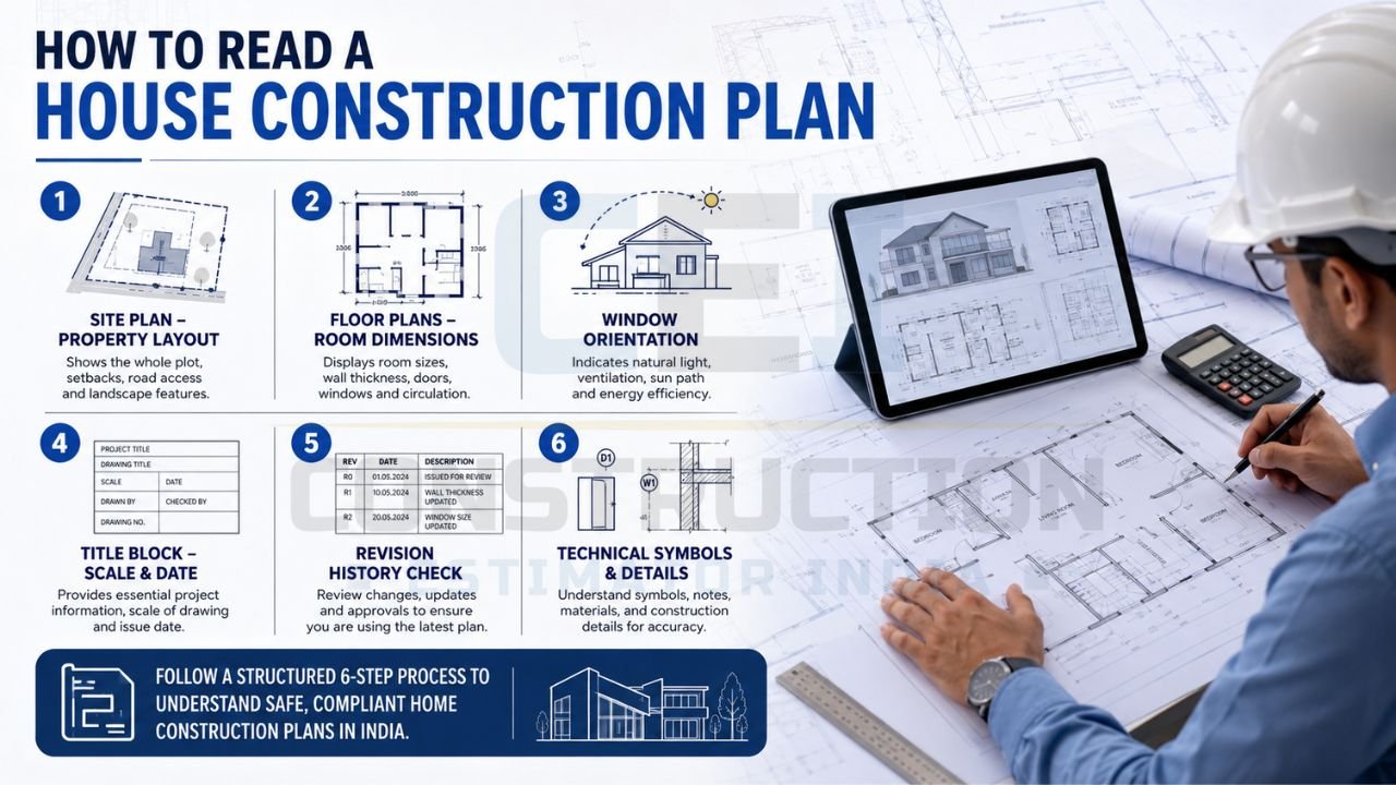 Step-by-step infographic explaining how to read a house construction plan, including site plans, floor layouts, window orientation, title blocks, revision history, and technical symbols.