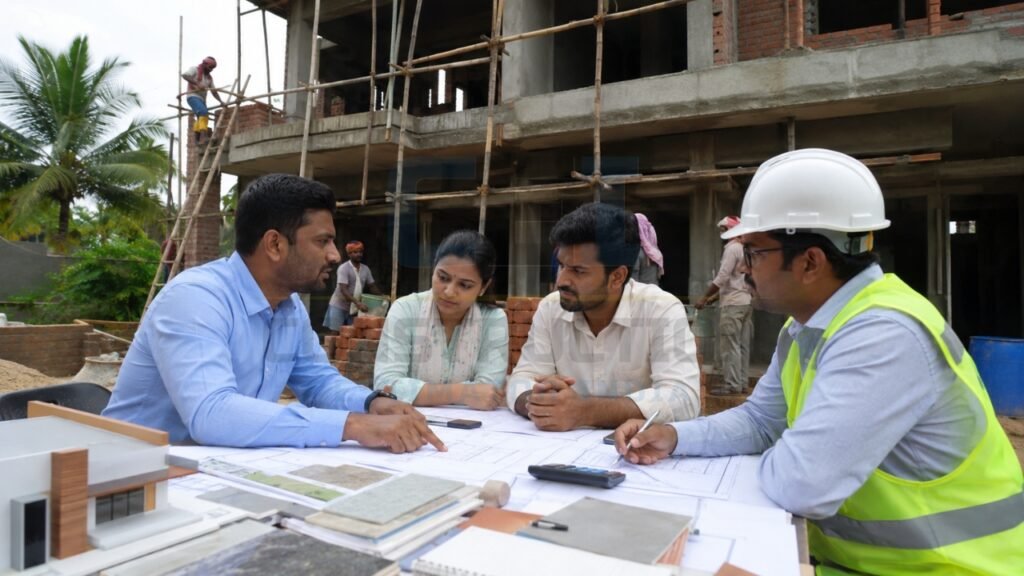 Construction consultant discussing building plans with clients at an active residential construction site
