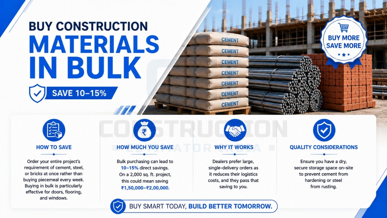 Buying construction materials in bulk to save costs on cement, steel, and bricks for residential construction