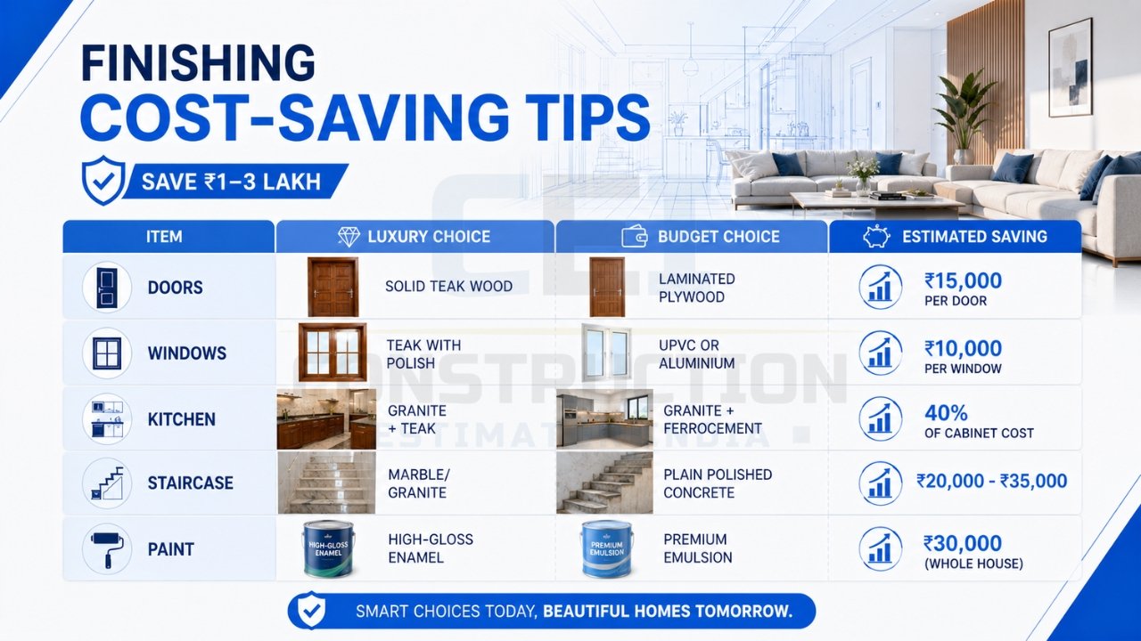 Finishing cost-saving tips for doors, windows, kitchen, staircase, and paint in home construction
