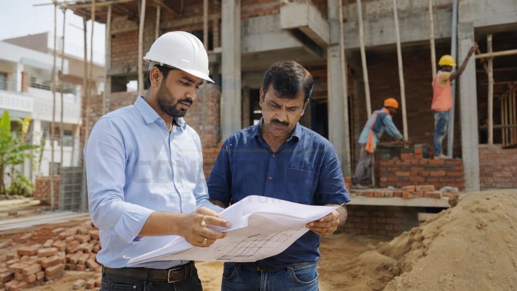 Construction engineer reviewing building plans with a homeowner at an active residential construction site