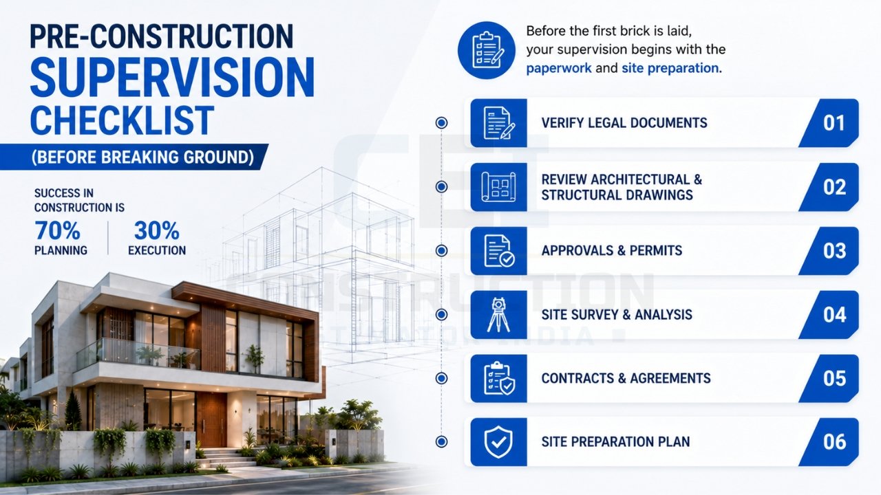 Pre-construction supervision checklist for home building including legal verification, drawings review, permits, site survey, contracts, and site preparation