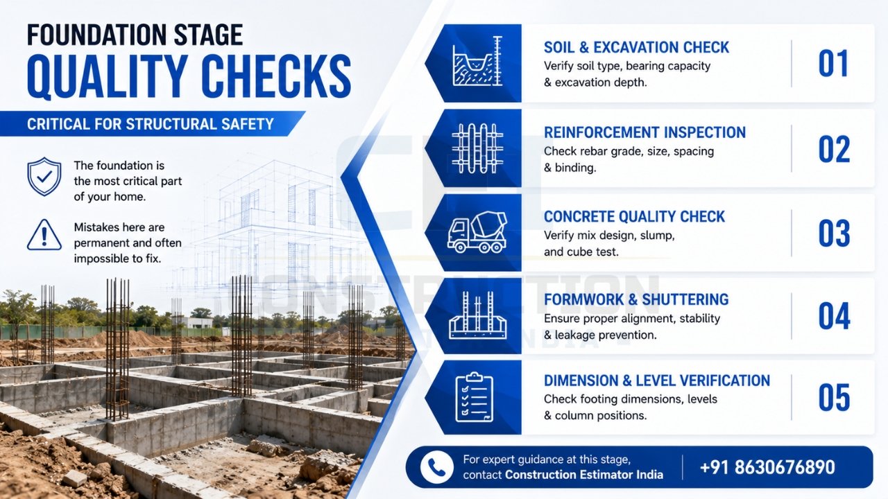 Foundation stage quality checks for home construction including soil testing, reinforcement inspection, concrete quality, formwork, and dimension verification