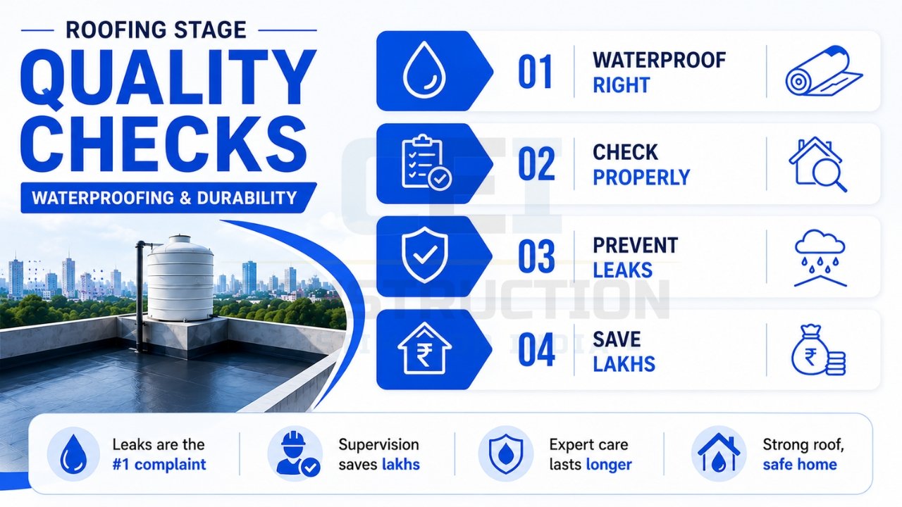Roofing stage quality checks for waterproofing, leak prevention, and long-term roof durability in home construction