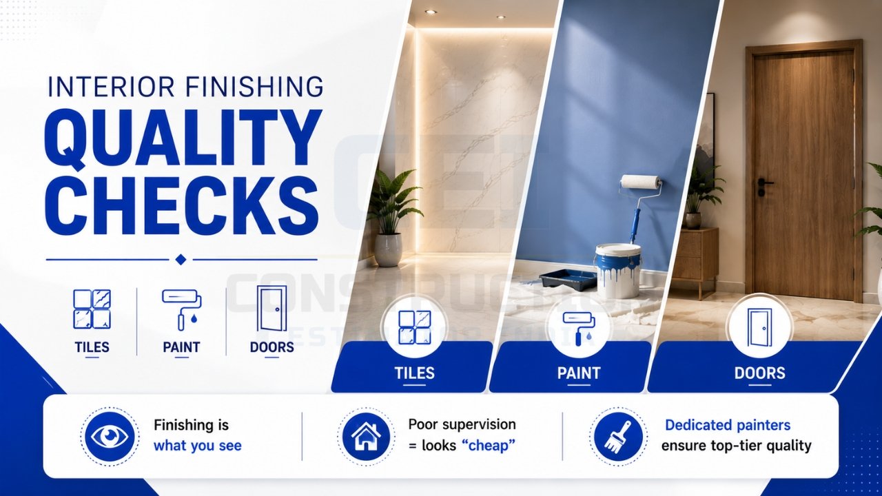 Interior finishing quality checks for tiles, paint, and doors to ensure a premium look and durable home finishes