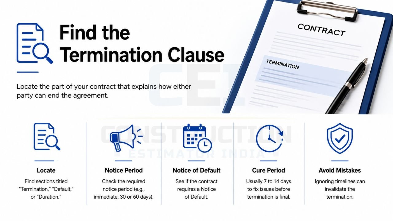 Find the termination clause in a contractor agreement by checking notice period, default notice, cure period, and termination terms