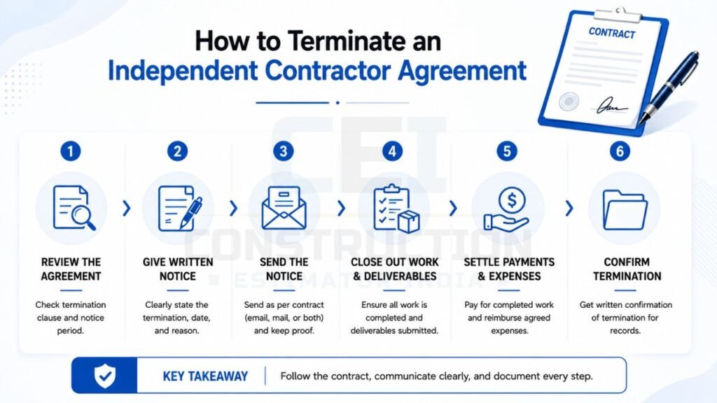 How to terminate an independent contractor agreement with contract review, written notice, payment settlement, and termination confirmation