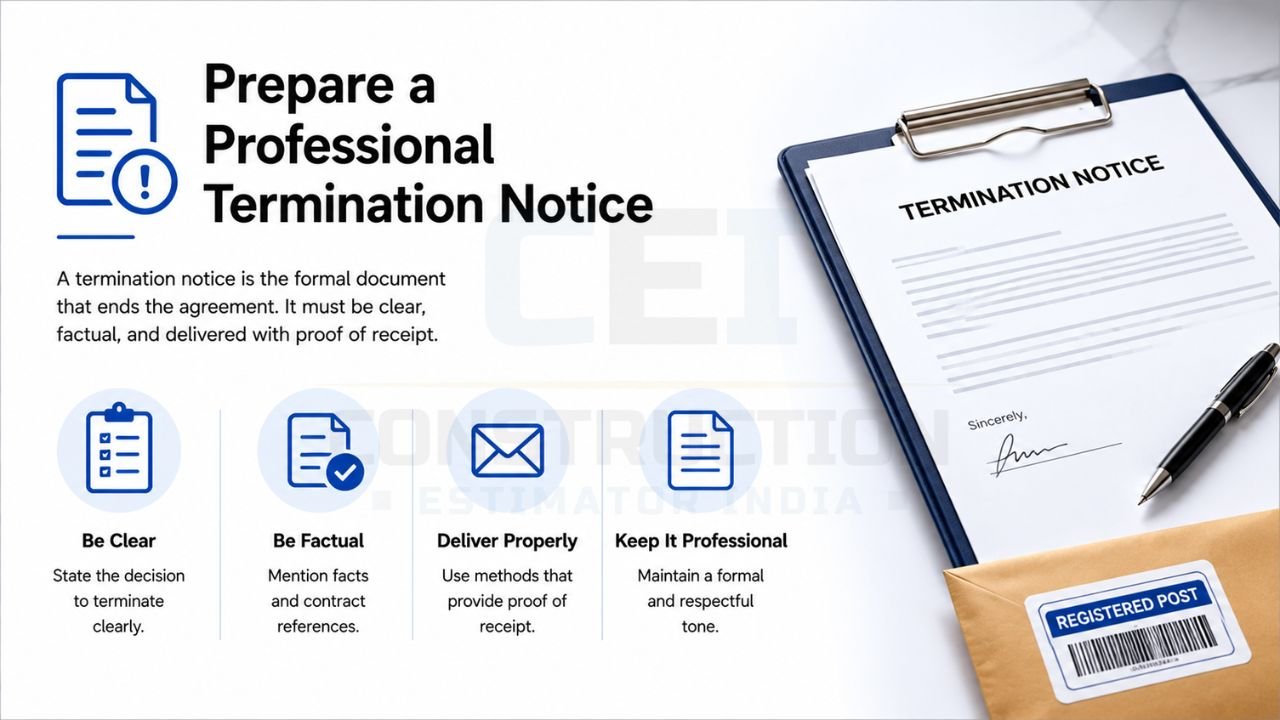 Prepare a professional contractor termination notice with clear wording, factual details, proof of delivery, and formal communication